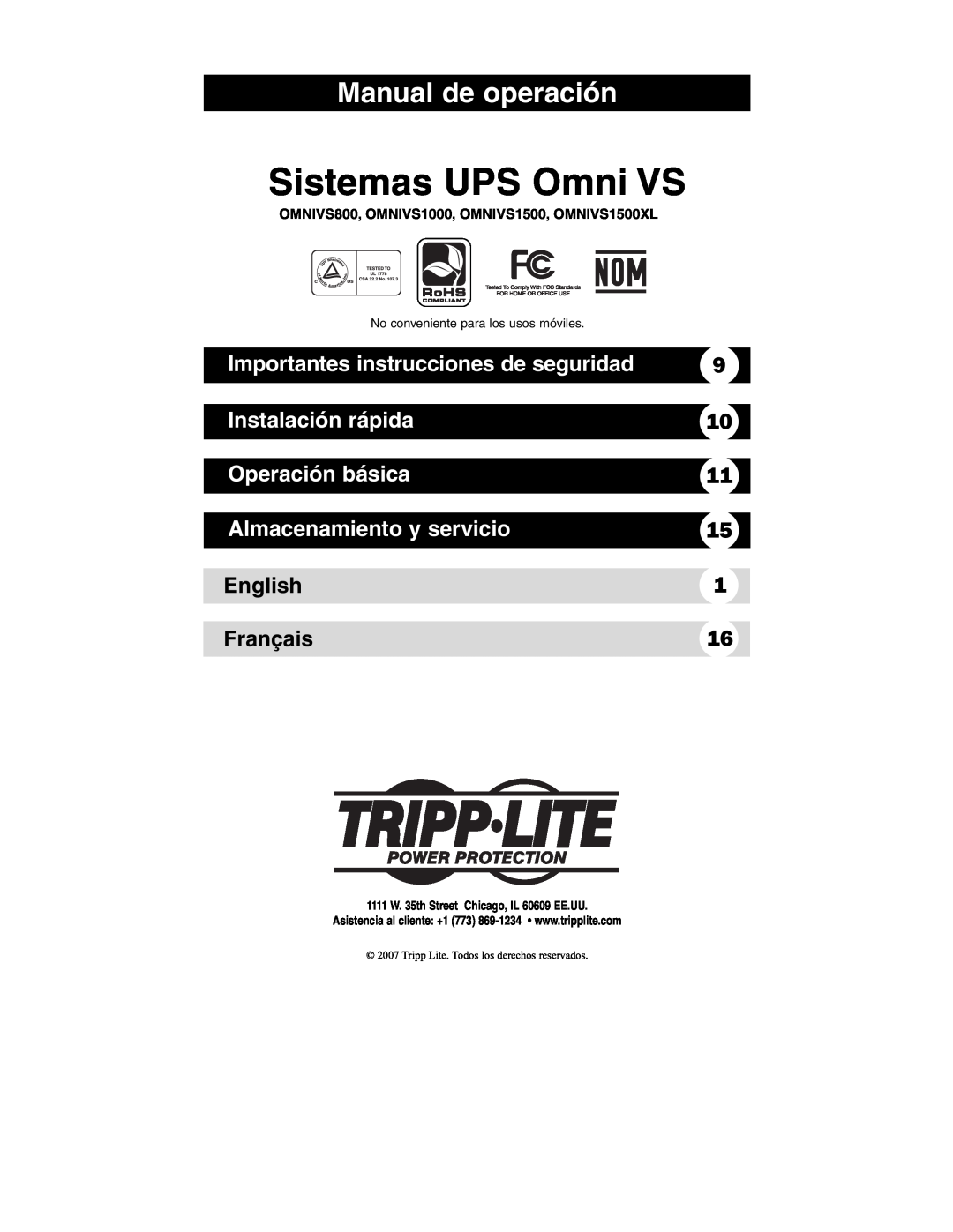 Tripp Lite OMNIVS800 Sistemas UPS Omni VS, Manual de operación, Importantes instrucciones de seguridad, Instalación rápida 
