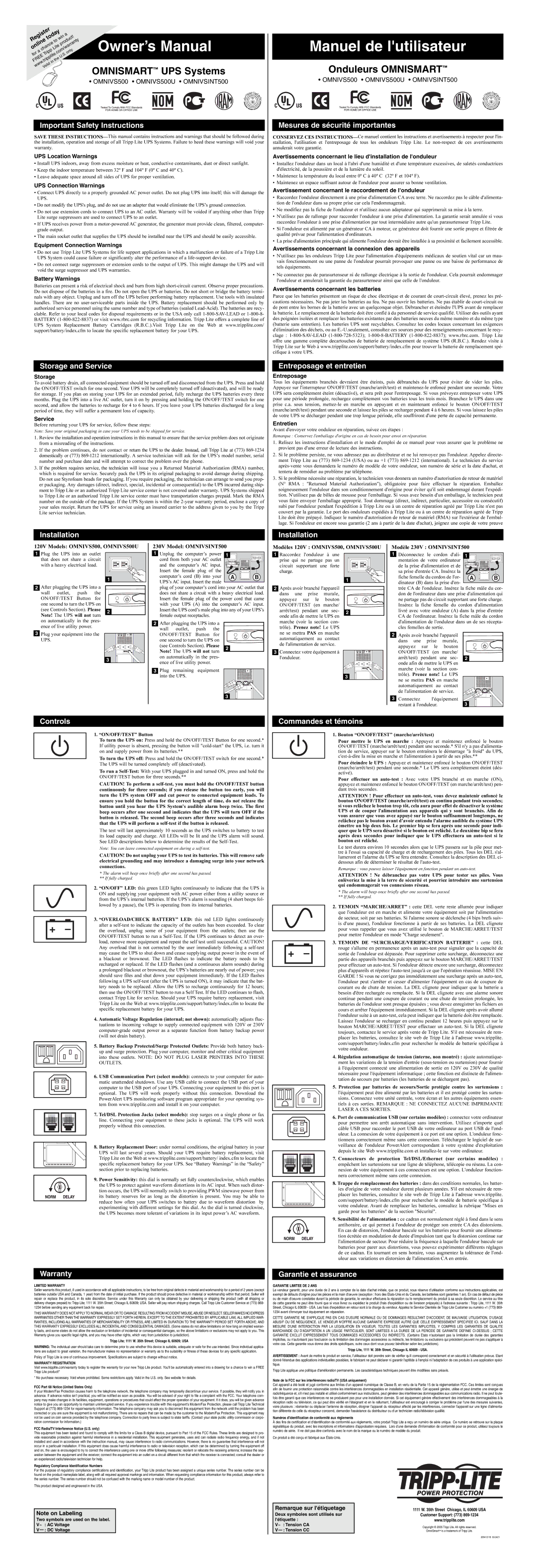 Tripp Lite OMNIVS500U owner manual Important Safety Instructions, Storage and Service, Mesures de sécurité importantes 