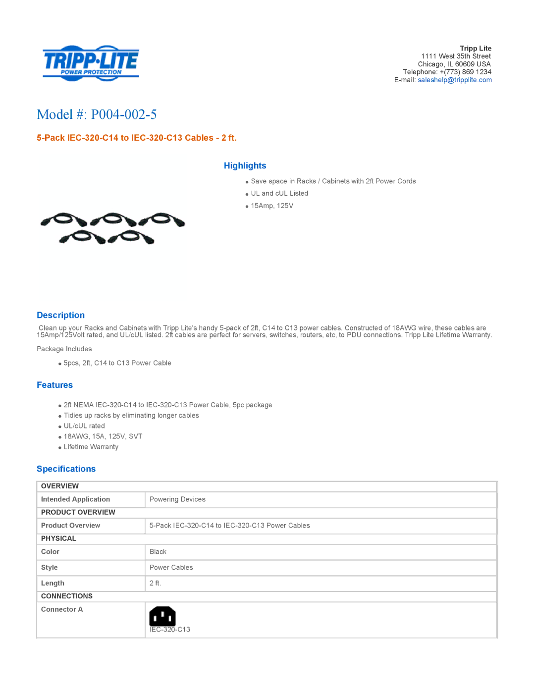 Tripp Lite specifications Model # P004-002-5, Pack IEC-320-C14 to IEC-320-C13 Cables 2 ft 