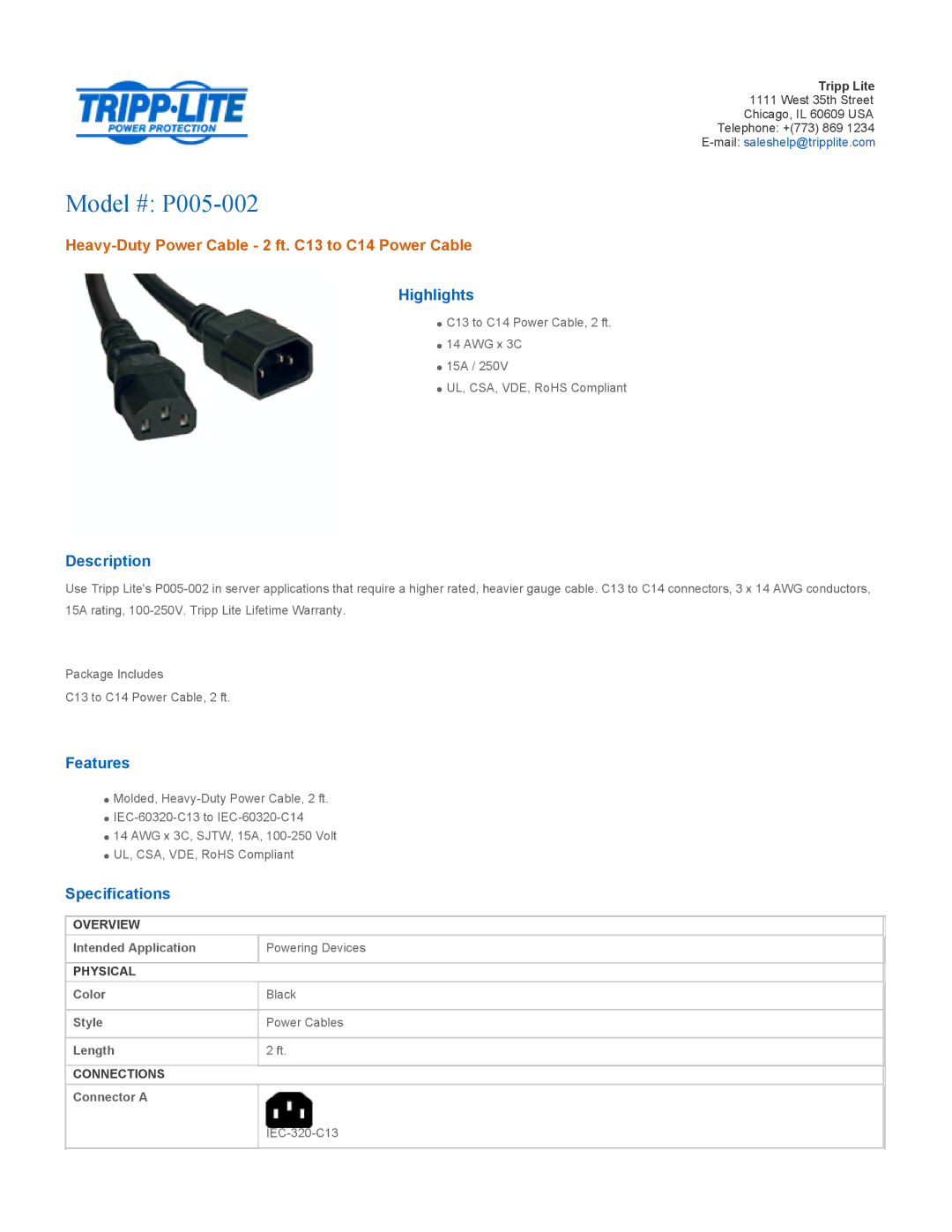 Tripp Lite specifications Model # P005-002, Heavy-Duty Power Cable 2 ft. C13 to C14 Power Cable 