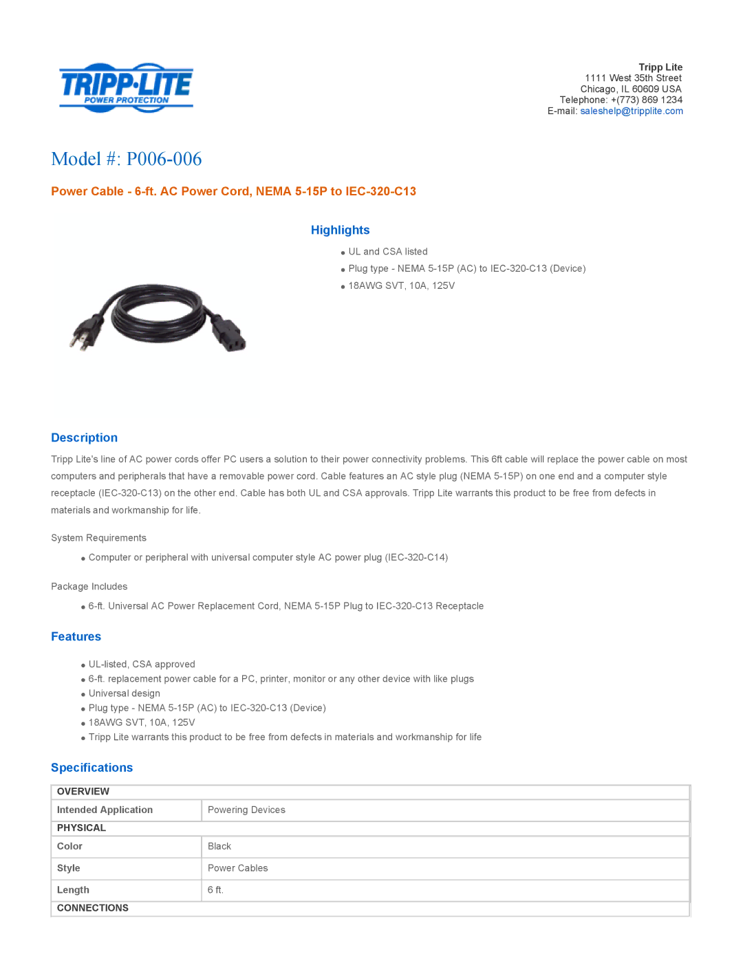 Tripp Lite specifications Model # P006-006, Power Cable 6-ft. AC Power Cord, Nema 5-15P to IEC-320-C13 