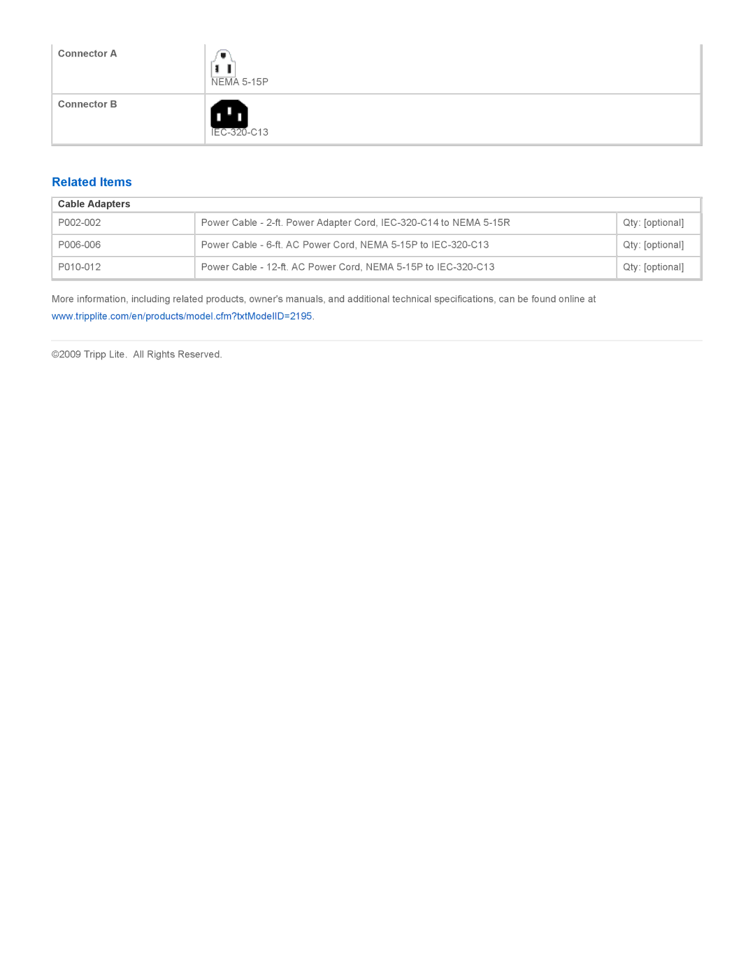 Tripp Lite P006-006 specifications Related Items, Cable Adapters 