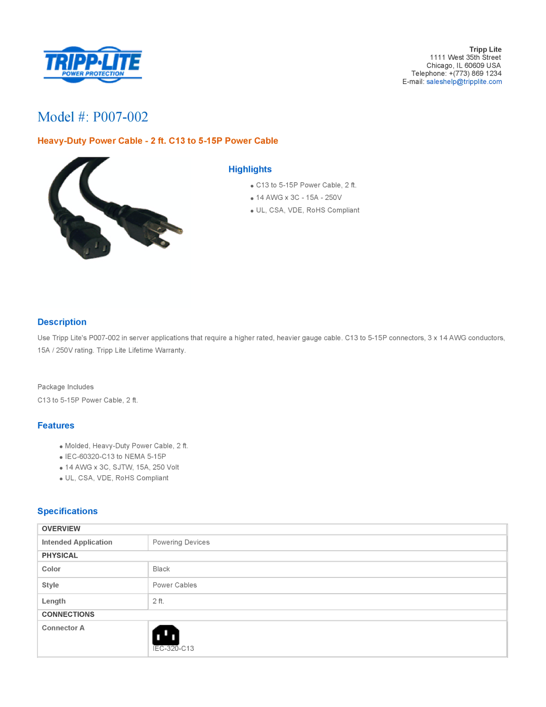 Tripp Lite specifications Model # P007-002, Heavy-Duty Power Cable 2 ft. C13 to 5-15P Power Cable 