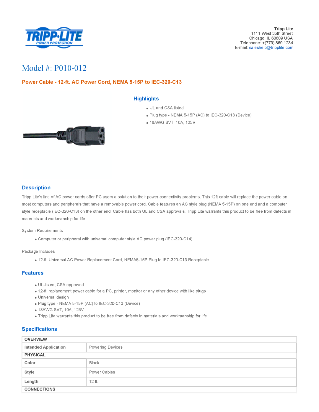 Tripp Lite specifications Model # P010-012, Power Cable 12-ft. AC Power Cord, Nema 5-15P to IEC-320-C13 