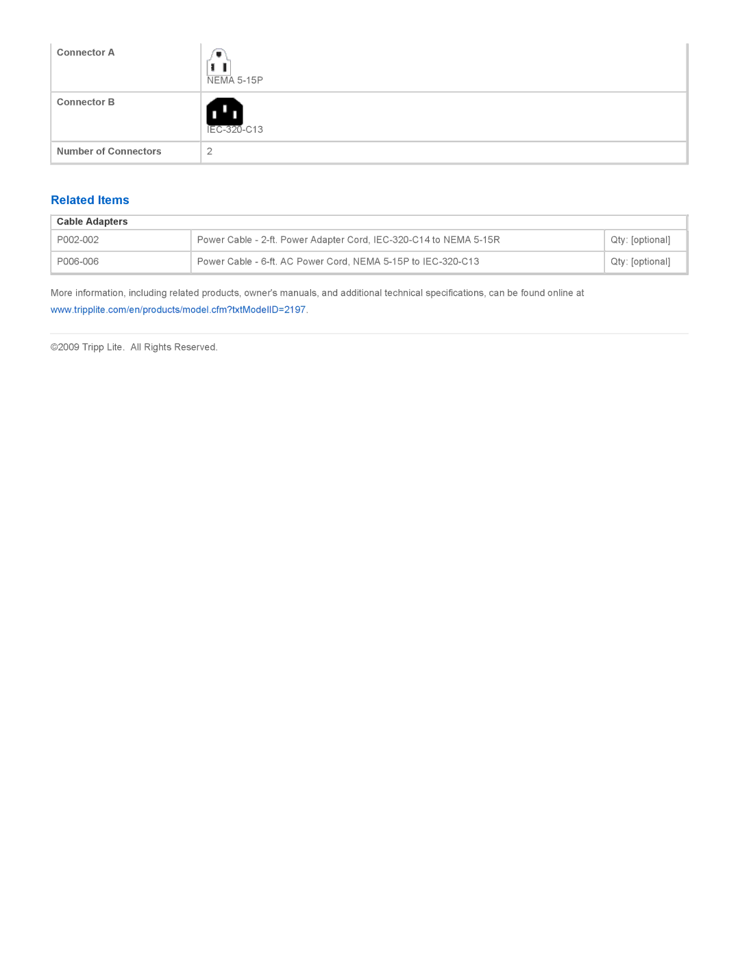Tripp Lite P010-012 specifications Related Items, Cable Adapters 
