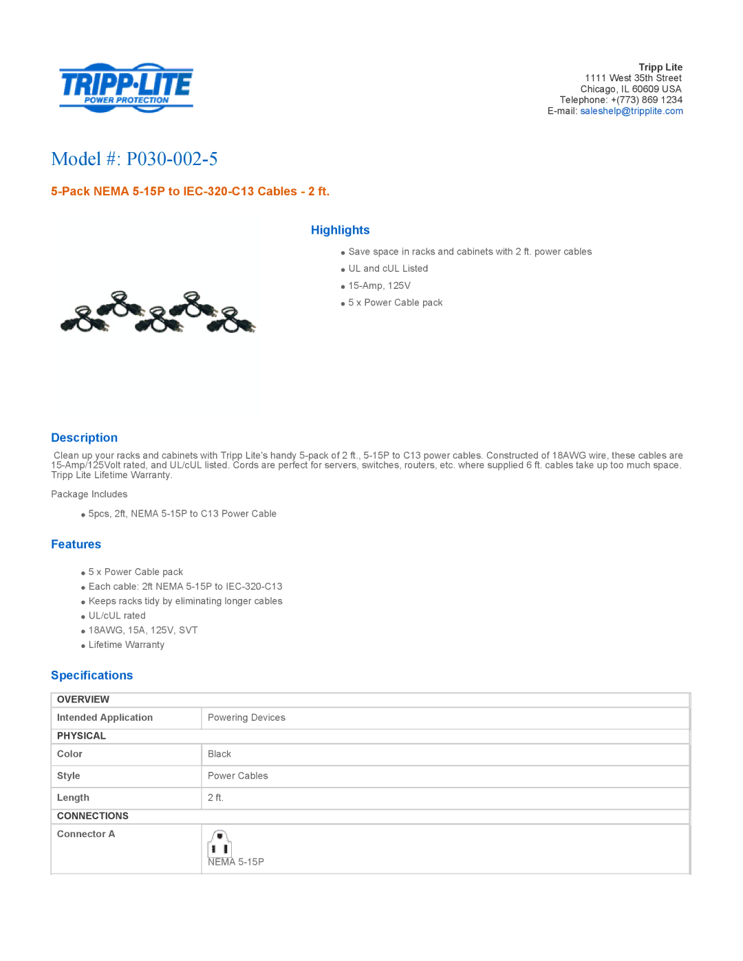 Tripp Lite specifications Model # P030-002-5, Pack Nema 5-15P to IEC-320-C13 Cables 2 ft 