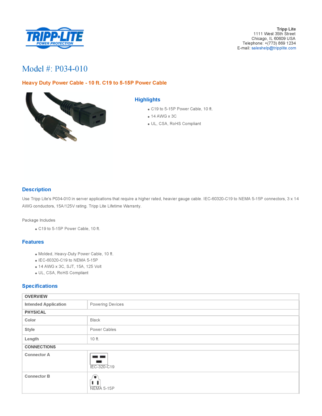 Tripp Lite specifications Model # P034-010, Heavy Duty Power Cable 10 ft. C19 to 5-15P Power Cable 