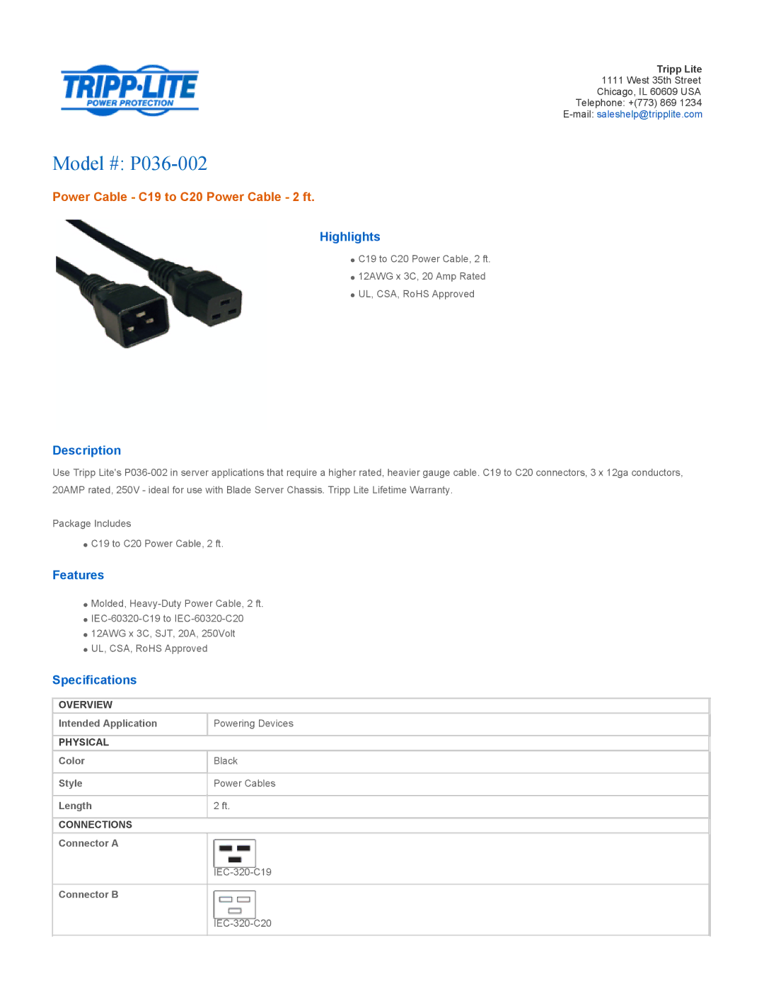 Tripp Lite specifications Model # P036-002, Power Cable C19 to C20 Power Cable 2 ft 