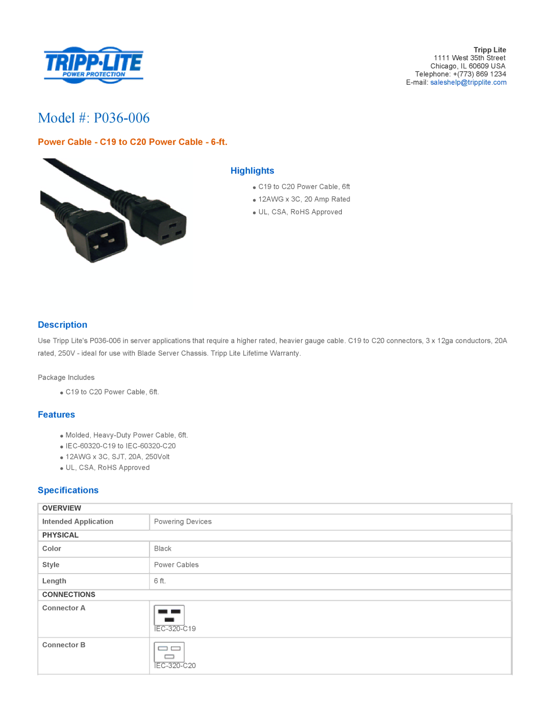 Tripp Lite specifications Model # P036-006, Power Cable C19 to C20 Power Cable 6-ft 