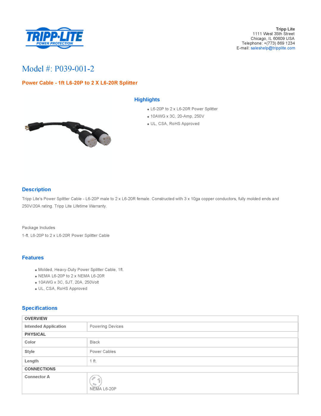 Tripp Lite specifications Model # P039-001-2, Power Cable 1ft L6-20P to 2 X L6-20R Splitter 