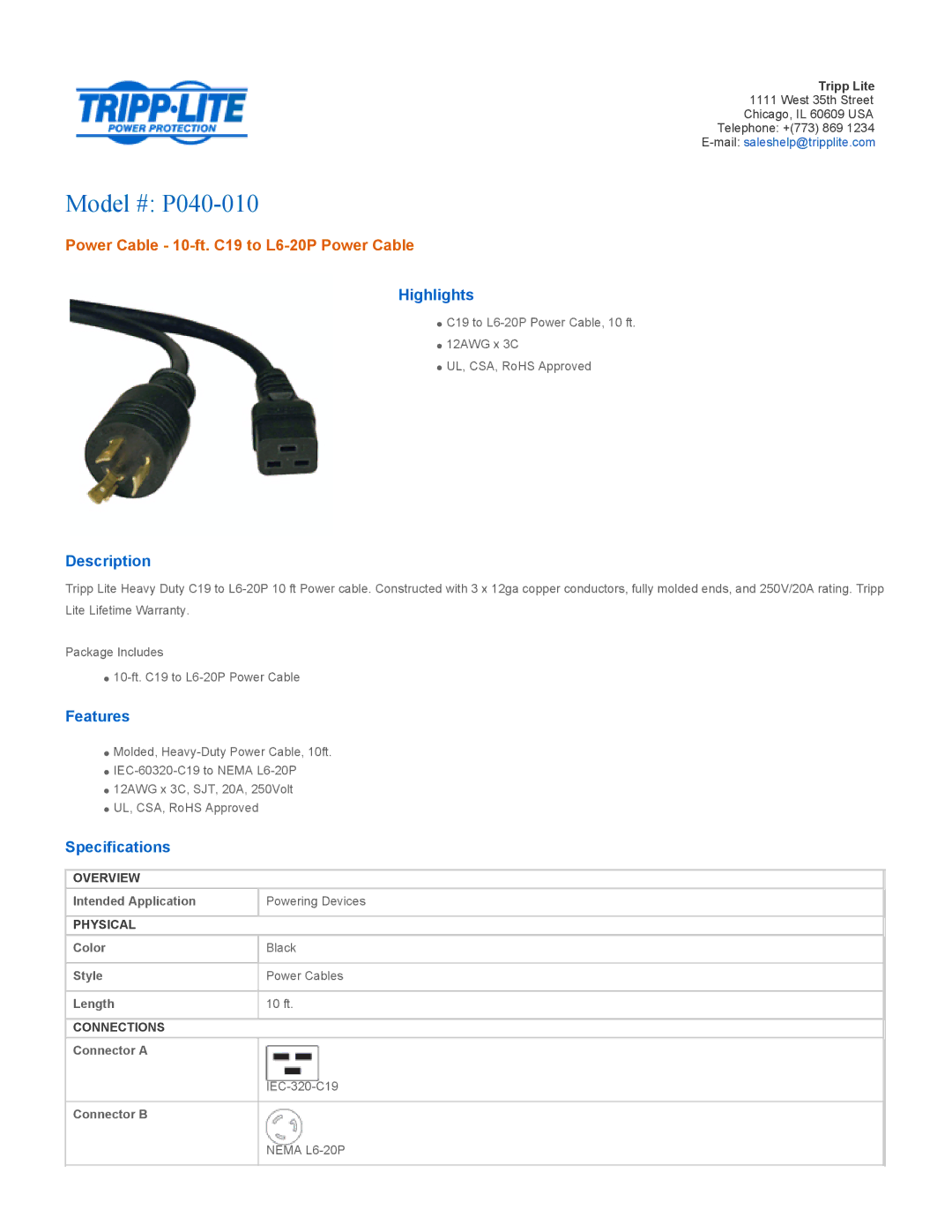 Tripp Lite specifications Model # P040-010, Power Cable 10-ft. C19 to L6-20P Power Cable 