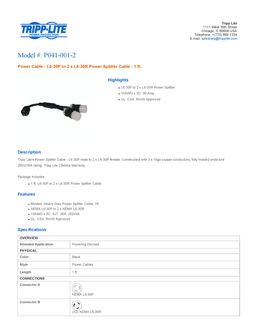 Tripp Lite specifications Model # P041-001-2, Power Cable L6-30P to 2 x L6-30R Power Splitter Cable 1 ft 