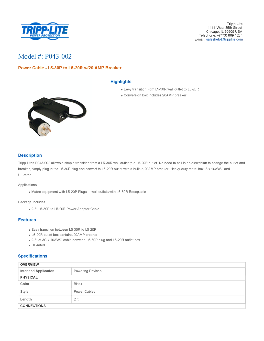 Tripp Lite specifications Model # P043-002, Power Cable L5-30P to L5-20R w/20 AMP Breaker 