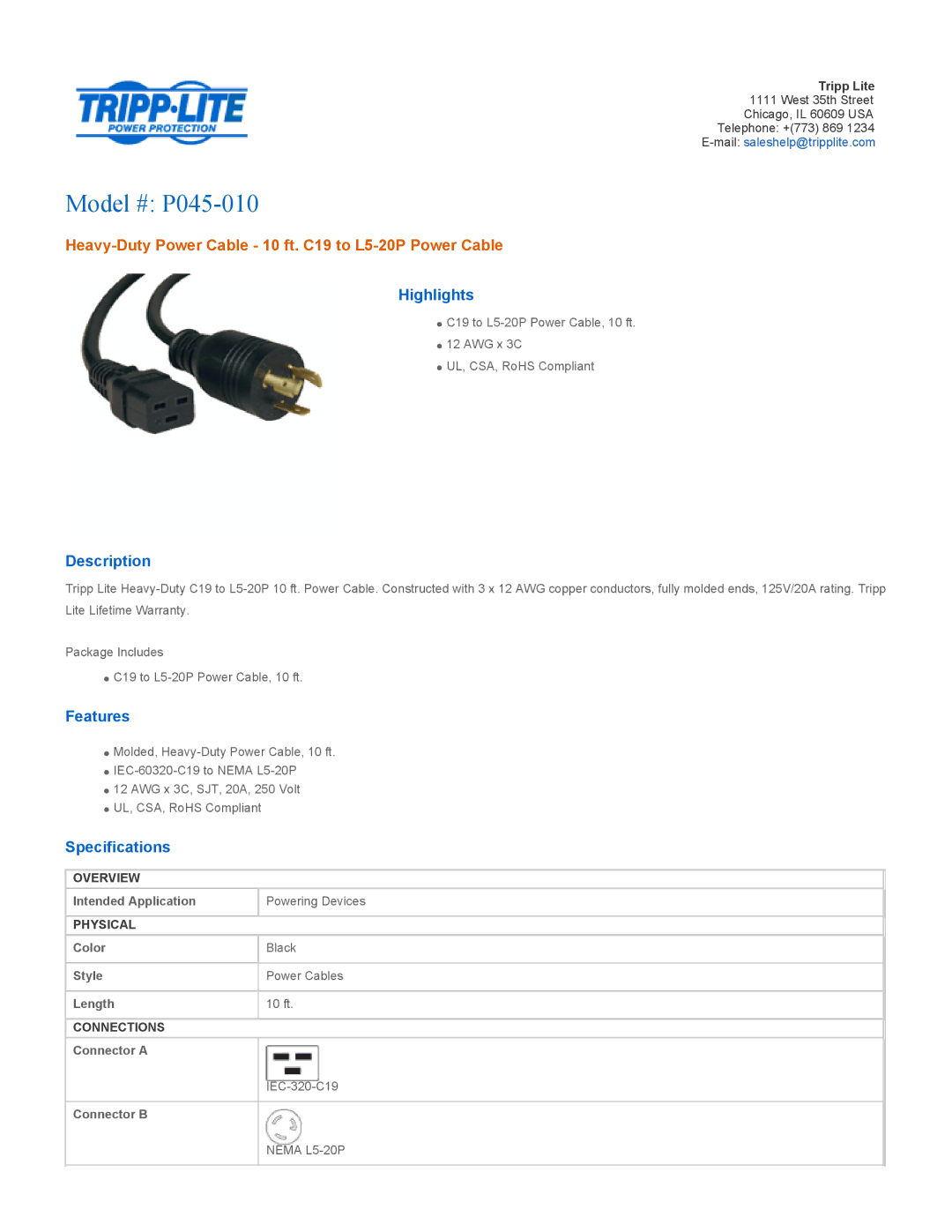 Tripp Lite specifications Model # P045-010, Heavy-Duty Power Cable 10 ft. C19 to L5-20P Power Cable 