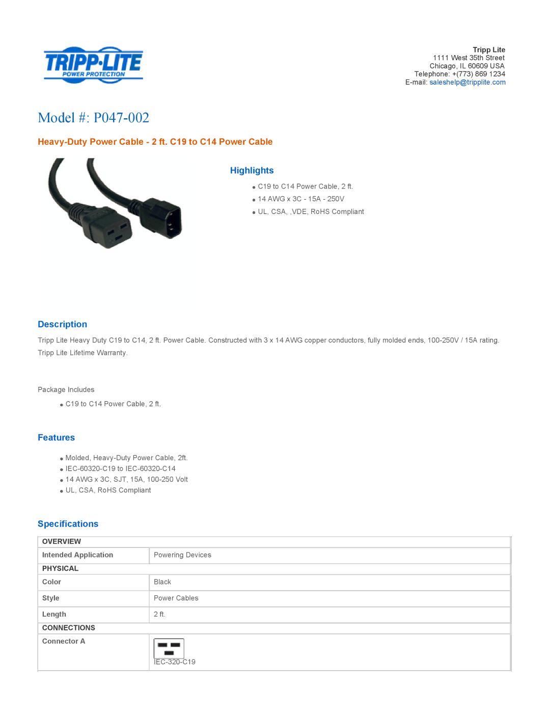 Tripp Lite specifications Model # P047-002, Heavy-Duty Power Cable 2 ft. C19 to C14 Power Cable 