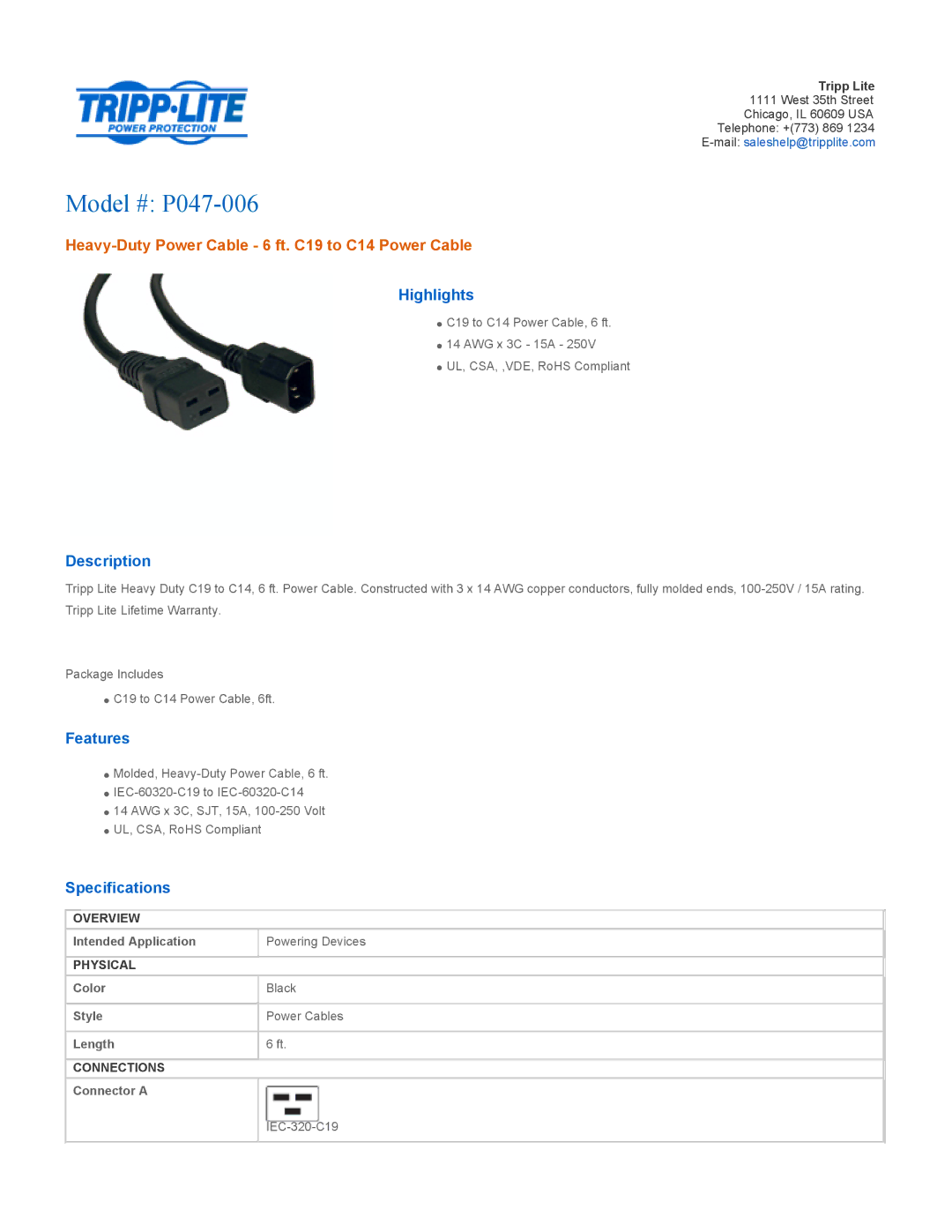 Tripp Lite specifications Model # P047-006, Heavy-Duty Power Cable 6 ft. C19 to C14 Power Cable 