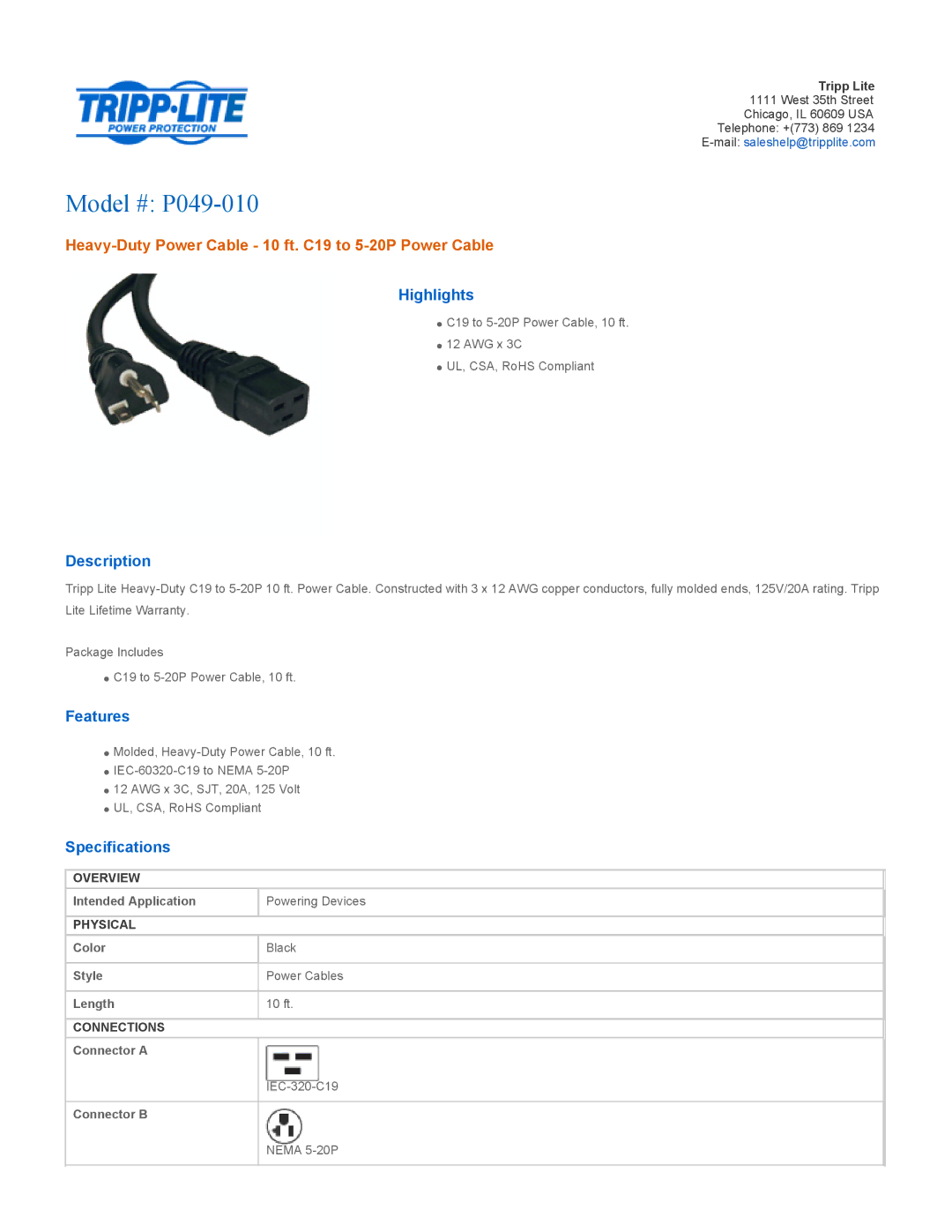 Tripp Lite specifications Model # P049-010, Heavy-Duty Power Cable 10 ft. C19 to 5-20P Power Cable 