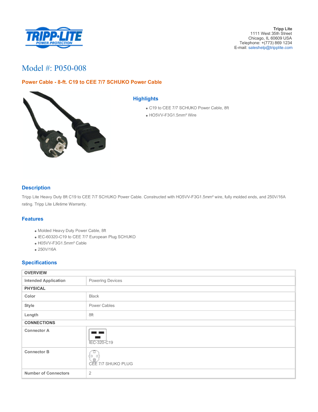 Tripp Lite specifications Model # P050-008, Power Cable 8-ft. C19 to CEE 7/7 Schuko Power Cable 