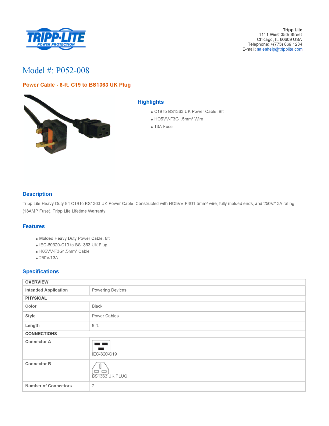 Tripp Lite specifications Model # P052-008, Power Cable 8-ft. C19 to BS1363 UK Plug 
