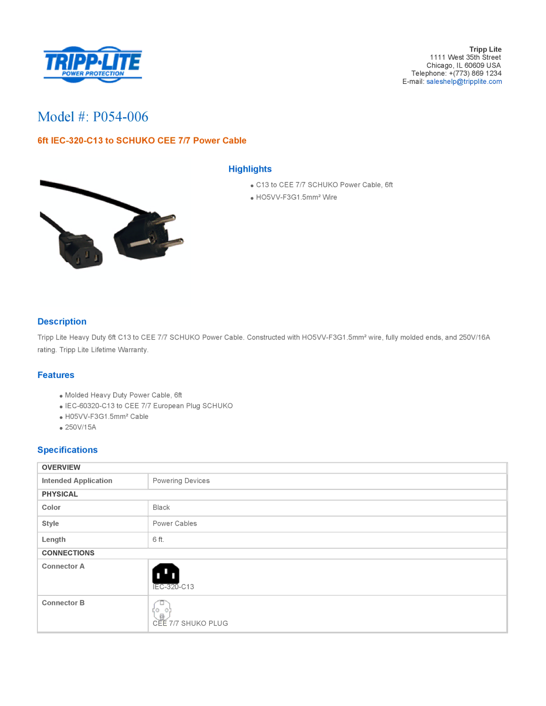 Tripp Lite specifications Model # P054-006, 6ft IEC-320-C13 to Schuko CEE 7/7 Power Cable 