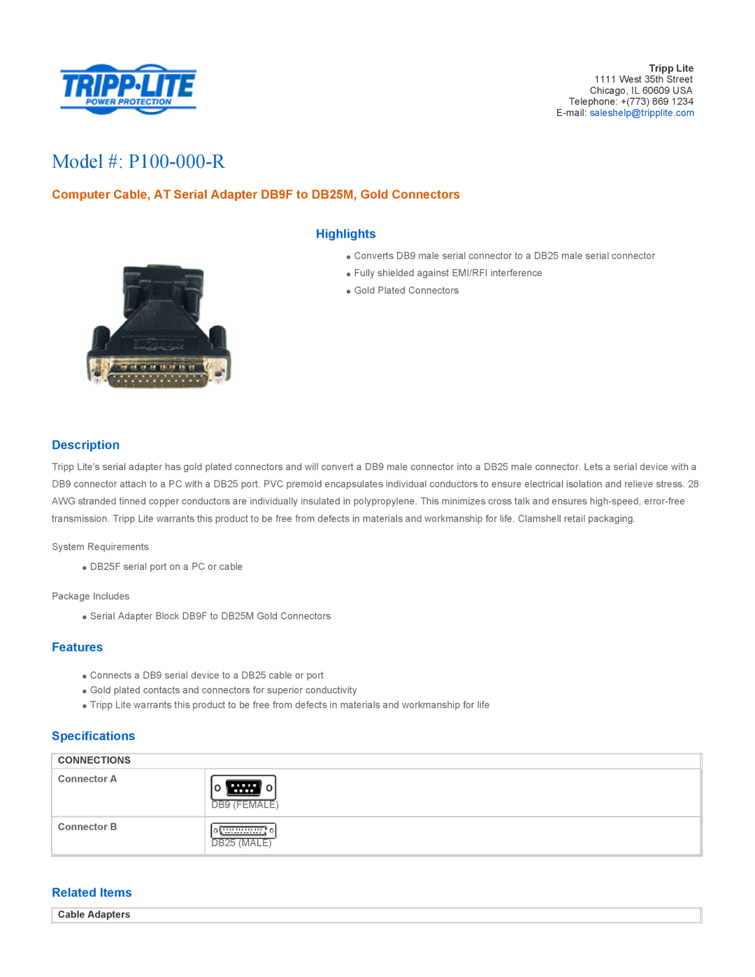 Tripp Lite specifications Model # P100-000-R 