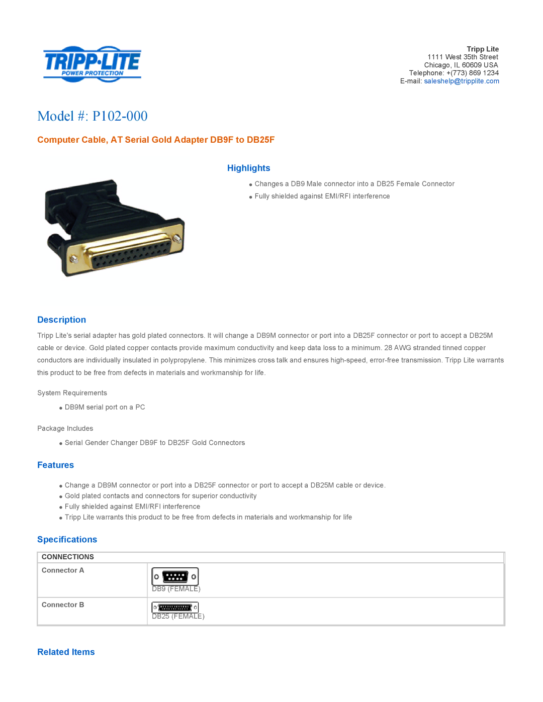 Tripp Lite specifications Model # P102-000, Computer Cable, AT Serial Gold Adapter DB9F to DB25F 