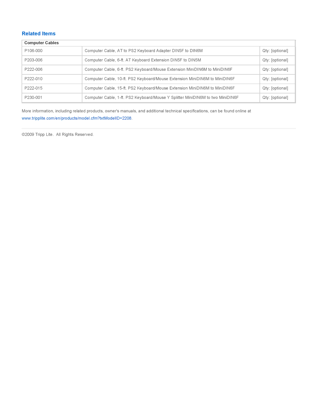 Tripp Lite P106-06I specifications Related Items, Computer Cables 