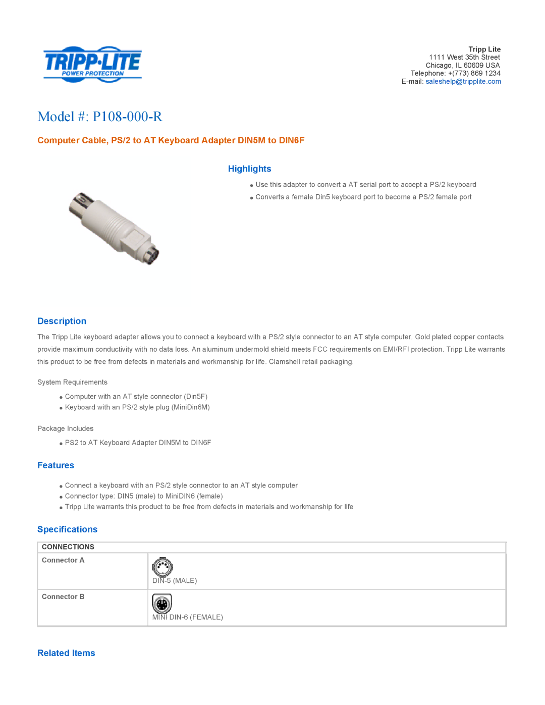 Tripp Lite p108-000-r specifications Model # P108-000-R, Computer Cable, PS/2 to AT Keyboard Adapter DIN5M to DIN6F 