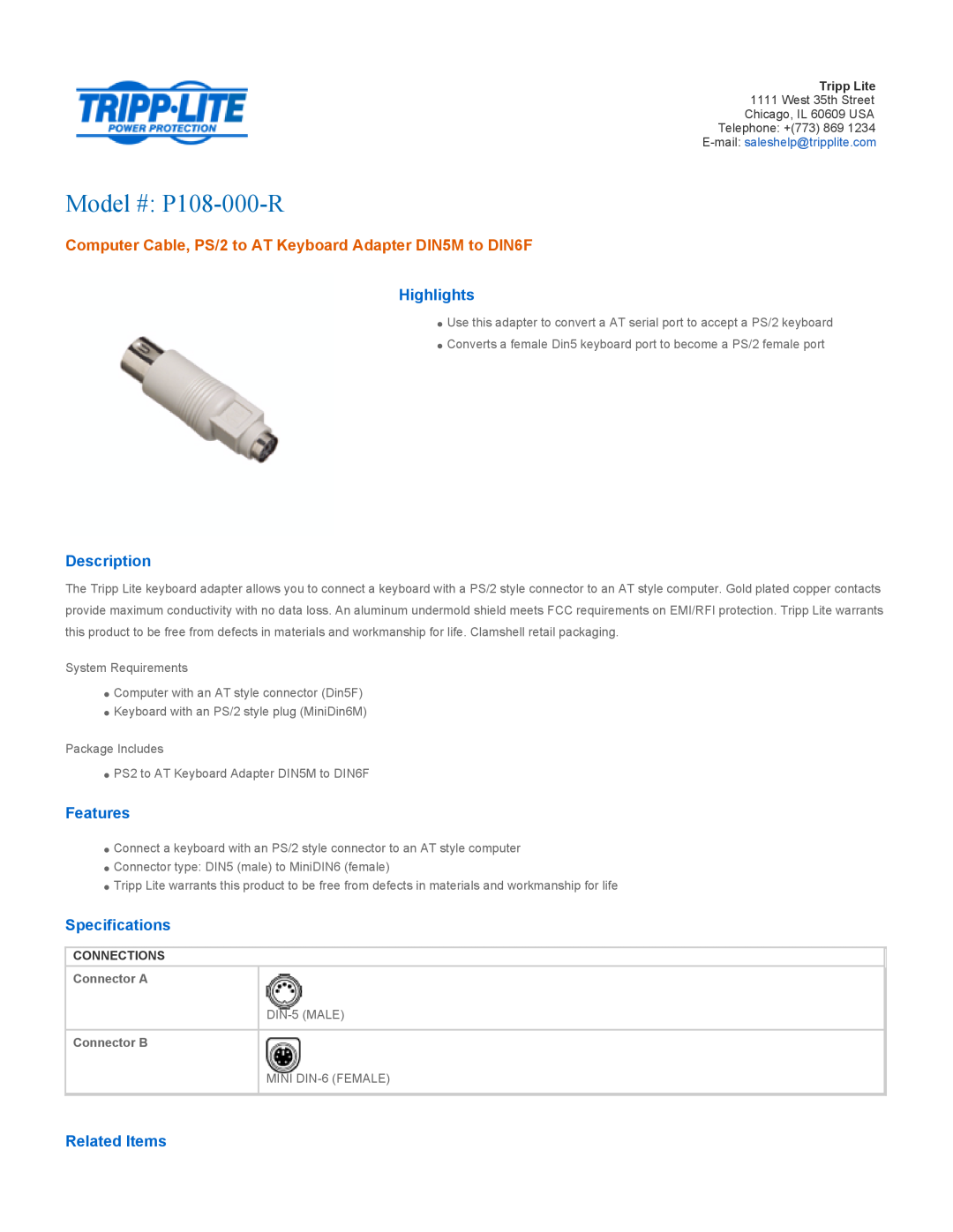 Tripp Lite p108-000-r specifications Connections, Model # P108-000-R, Highlights, Description, Features, Specifications 