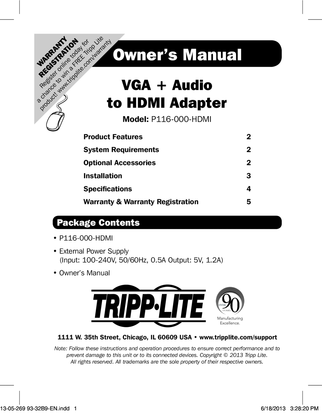 Tripp Lite P116-000-HDMI owner manual Package Contents, Owner’s Manual 
