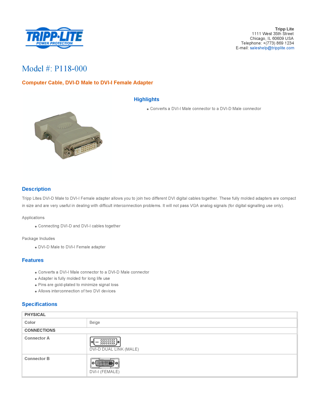 Tripp Lite specifications Model # P118-000, Computer Cable, DVI-D Male to DVI-I Female Adapter 