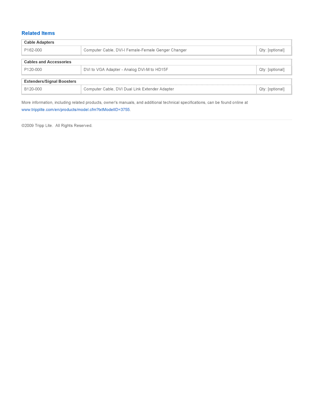 Tripp Lite P118-000 specifications Related Items, Cable Adapters, Cables and Accessories, Extenders/Signal Boosters 