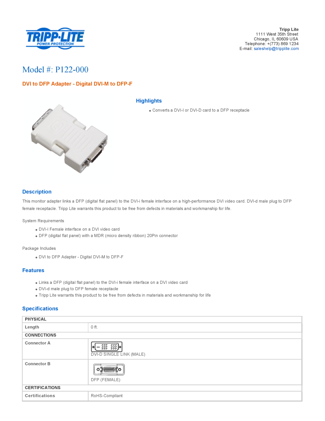 Tripp Lite p122-000 specifications Model # P122-000, DVI to DFP Adapter Digital DVI-M to DFP-F 