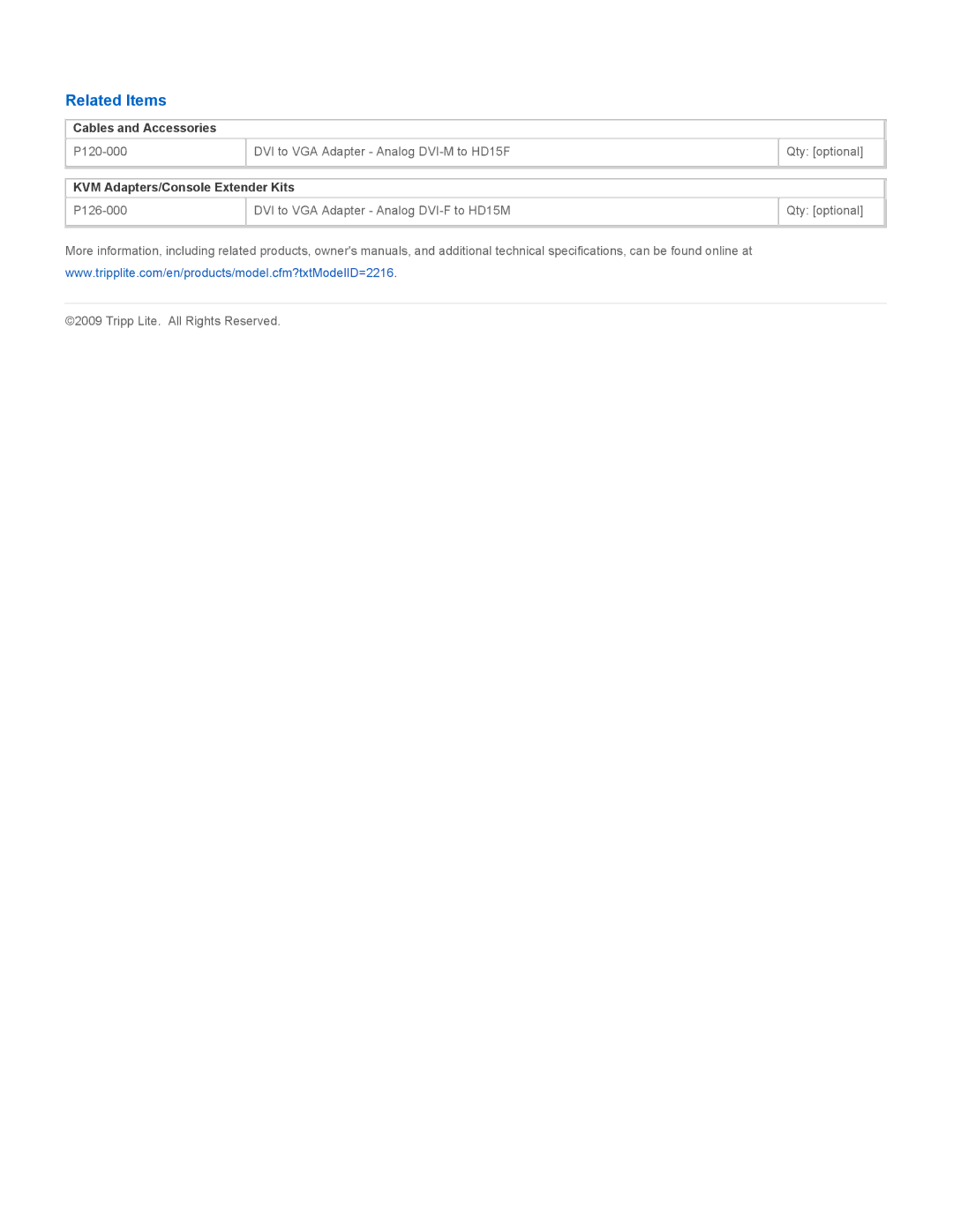 Tripp Lite p122-000 specifications Related Items, Cables and Accessories, KVM Adapters/Console Extender Kits 