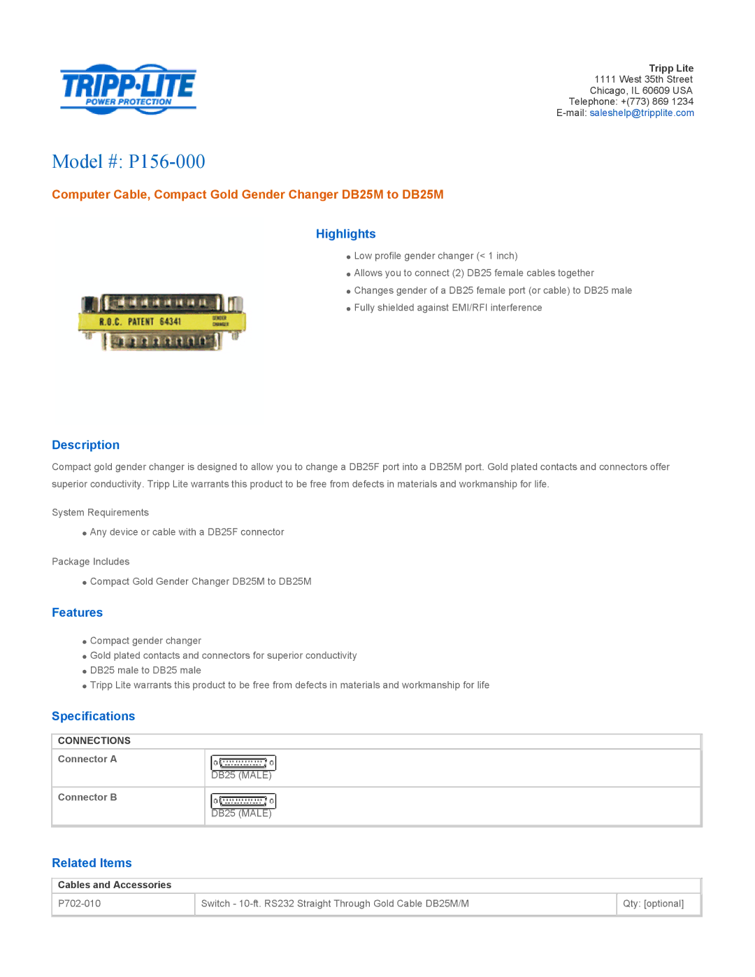 Tripp Lite specifications Model # P156-000, Computer Cable, Compact Gold Gender Changer DB25M to DB25M 