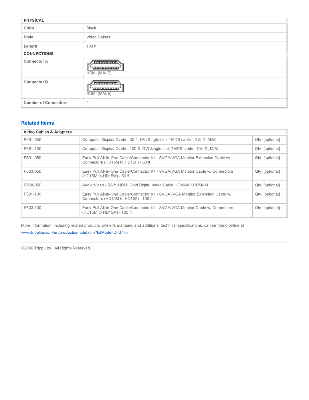 Tripp Lite P503-100, P166-001-A, UL20276, P568-100-EZ specifications Related Items, Video Cables & Adapters 