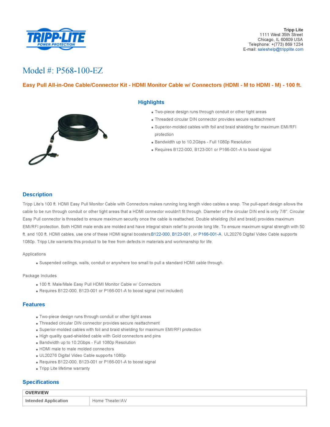Tripp Lite UL20276 specifications Highlights, Description, Features, Specifications, Overview, Model # P568-100-EZ 