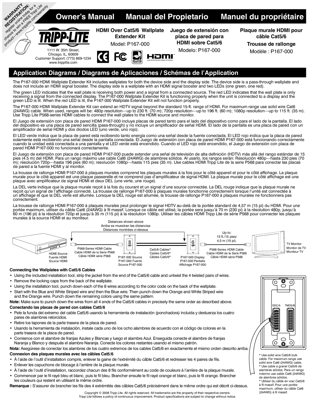 Tripp Lite P167-000 owner manual Connecting the Wallplates with Cat5/6 Cables 