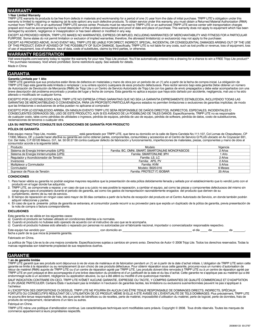 Tripp Lite P167-000 owner manual Warranty Registration, Garantia, Garantie 