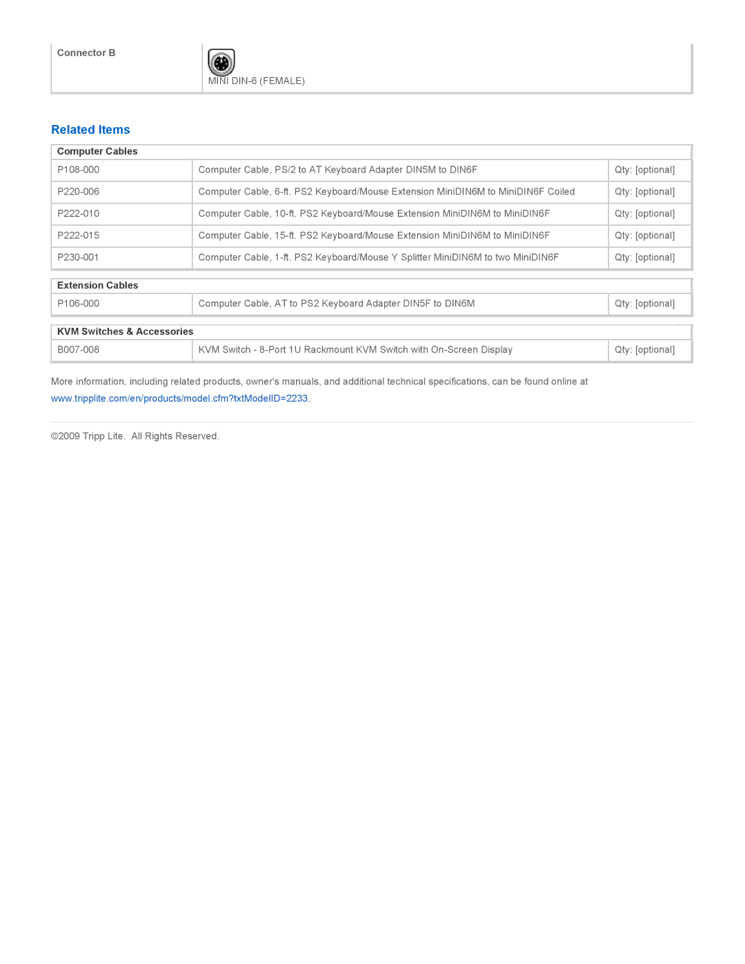 Tripp Lite P222-006 specifications Related Items, Computer Cables, Extension Cables, KVM Switches & Accessories 