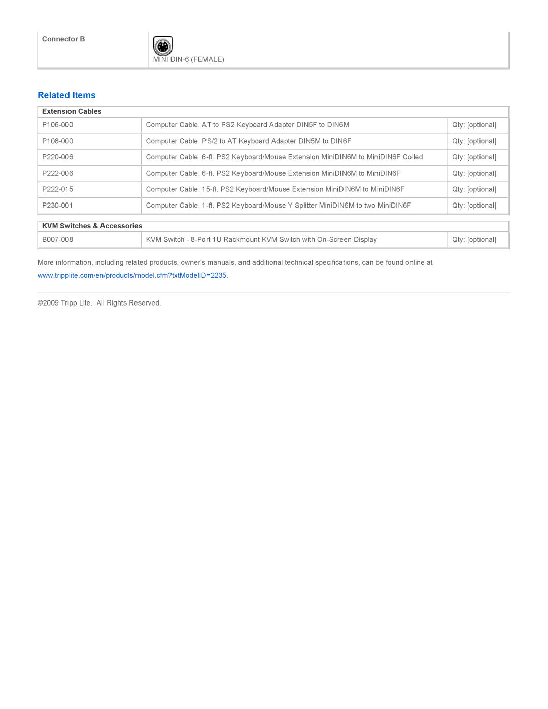 Tripp Lite P222-010 specifications Related Items, Extension Cables, KVM Switches & Accessories 