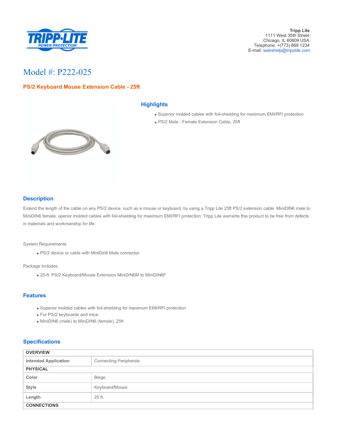 Tripp Lite specifications Model # P222-025, PS/2 Keyboard Mouse Extension Cable 25ft 