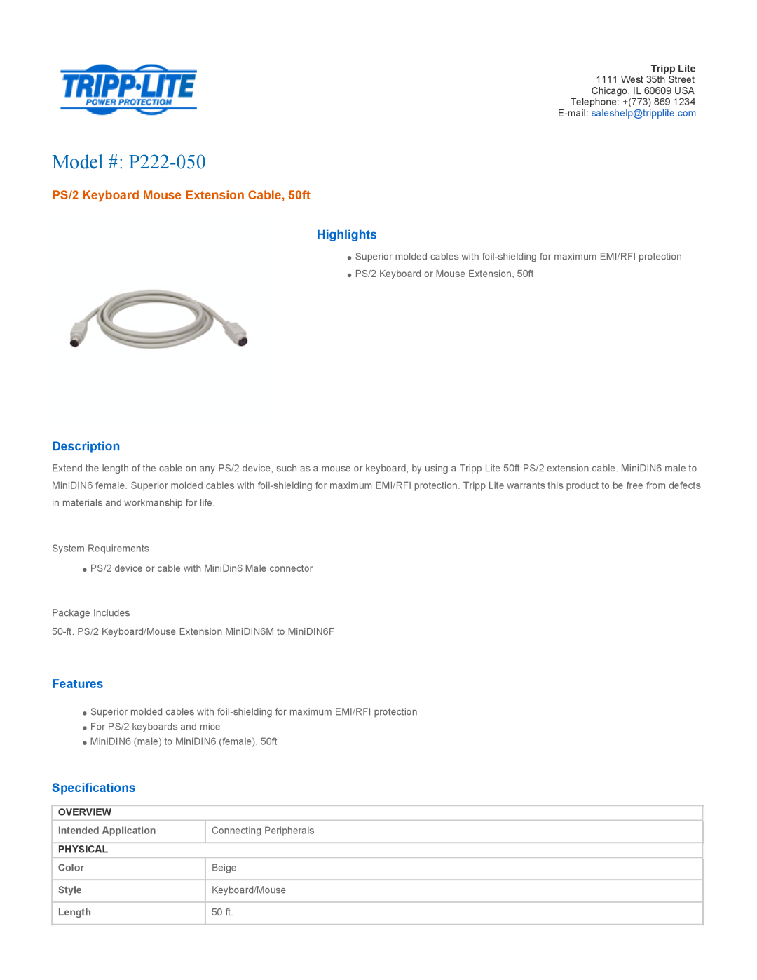 Tripp Lite P222-050 specifications Overview, Intended Application, Connecting Peripherals, Physical, Color, Beige, Style 