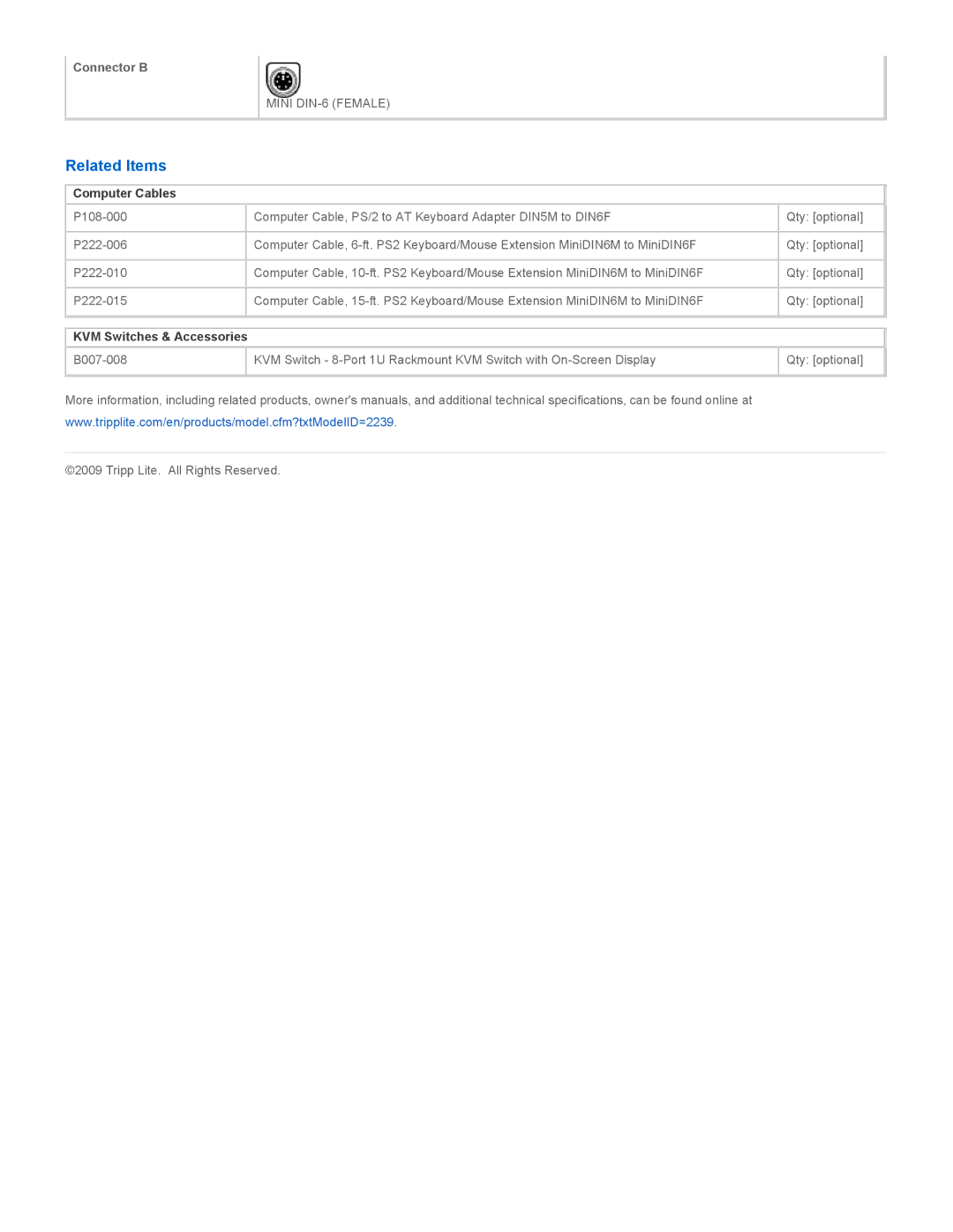 Tripp Lite P230-001 specifications Related Items, Computer Cables, KVM Switches & Accessories 