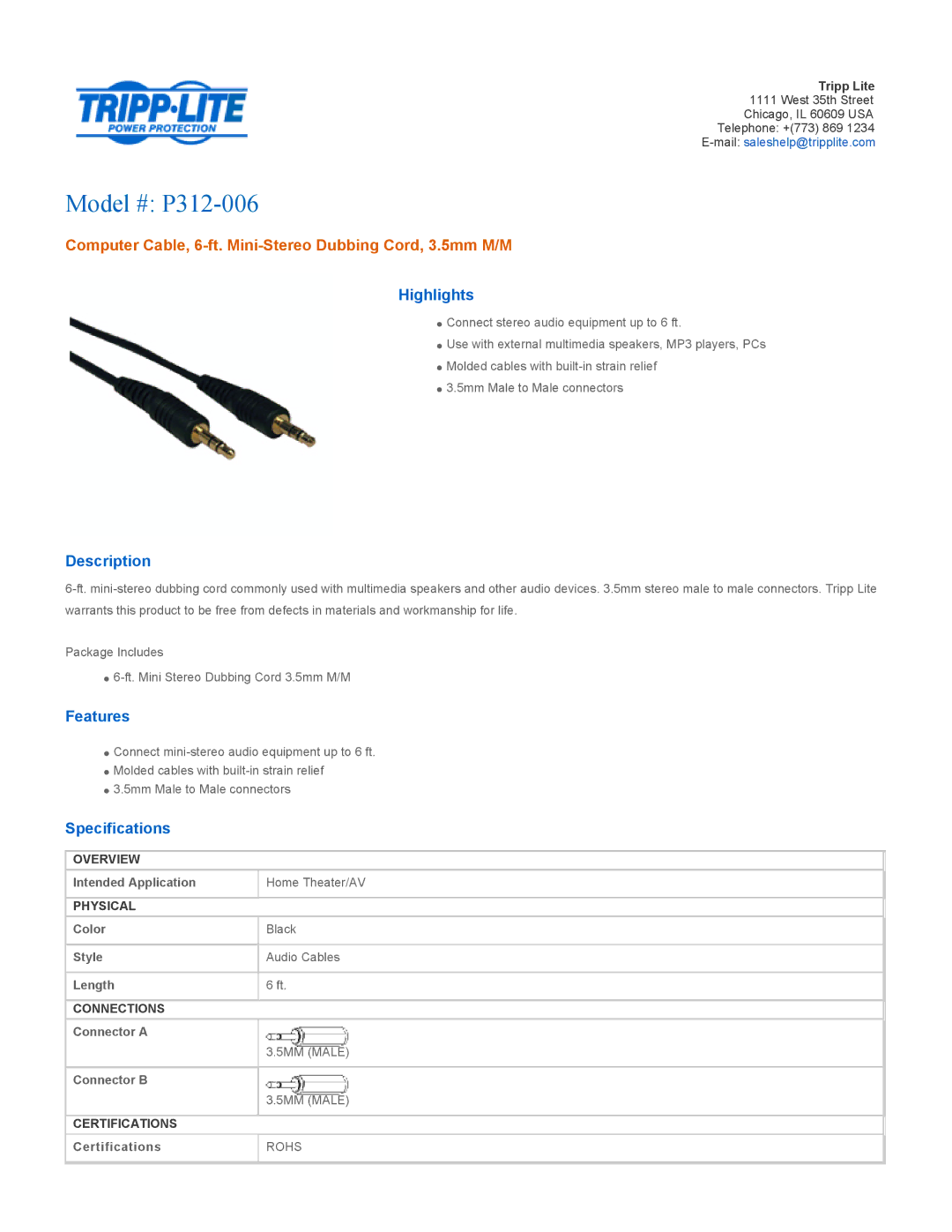 Tripp Lite specifications Model # P312-006, Computer Cable, 6-ft. Mini-Stereo Dubbing Cord, 3.5mm M/M 