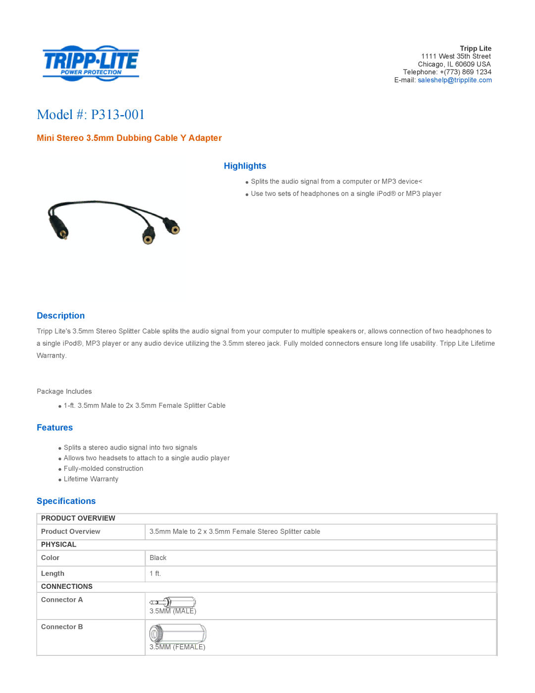 Tripp Lite specifications Model # P313-001, Mini Stereo 3.5mm Dubbing Cable Y Adapter 