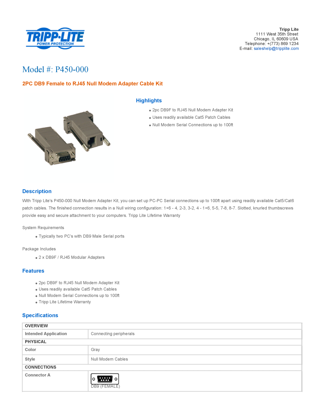 Tripp Lite P450-000 specifications Highlights, Description, Features, Specifications, Overview, Intended Application, Gray 