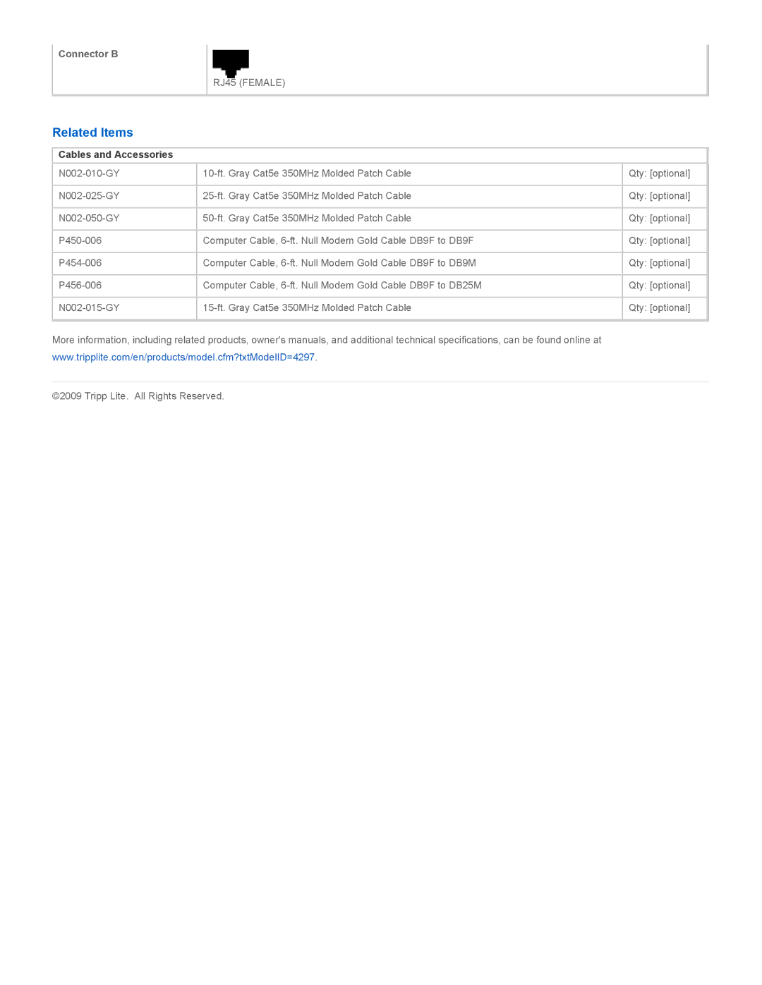 Tripp Lite P450-000 specifications Related Items, Cables and Accessories 