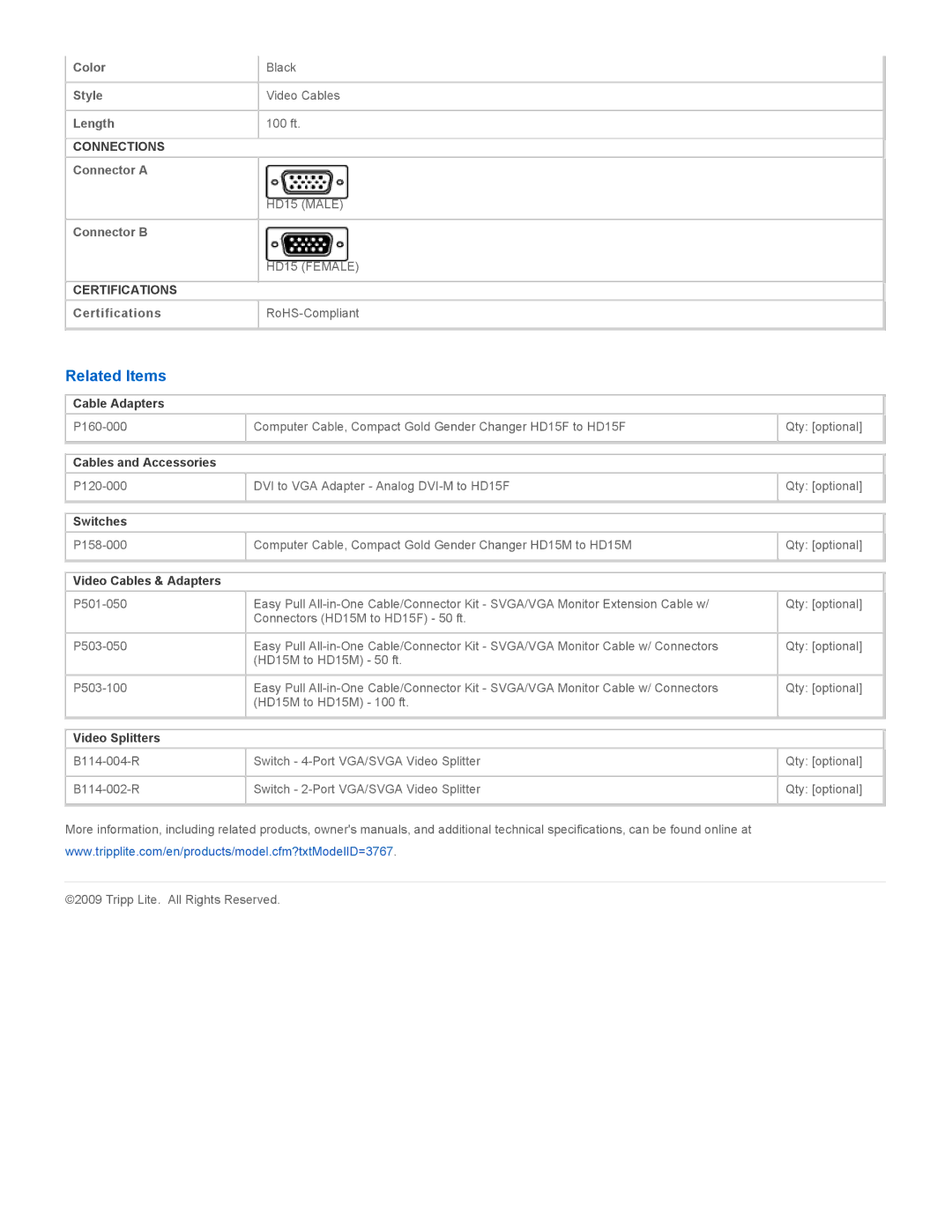 Tripp Lite P501-100 specifications Related Items 