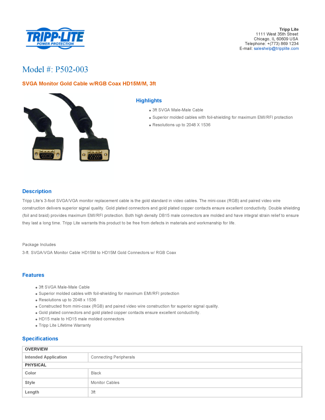 Tripp Lite P502-003 specifications Overview, Intended Application, Connecting Peripherals, Physical, Color, Black, Style 